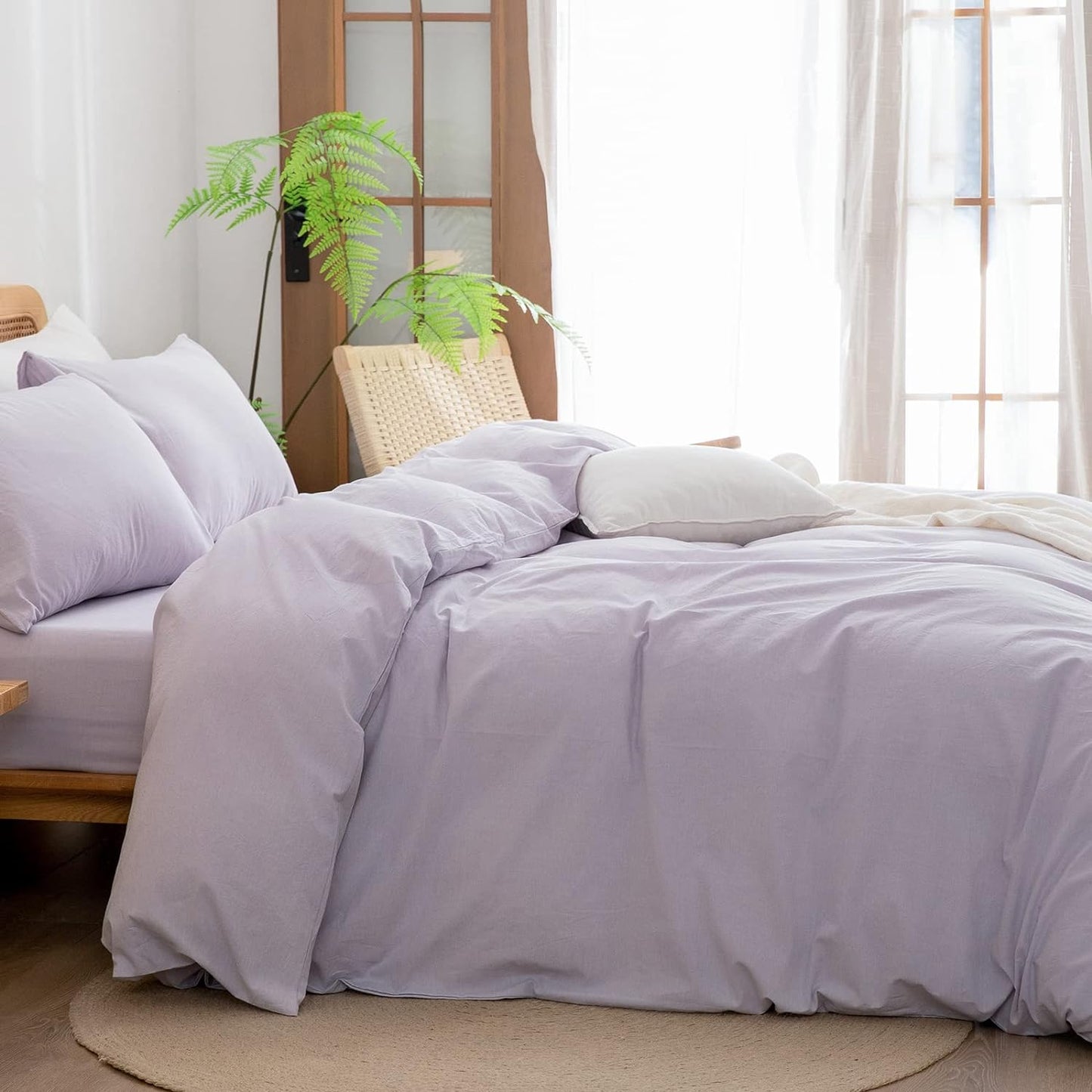 BESTOUCH Duvet Cover Set 100% Washed Cotton Linen Feel Super Soft Comfortable Chic Lightweight 3 PCs Home Bedding Set Solid Taro Purple King