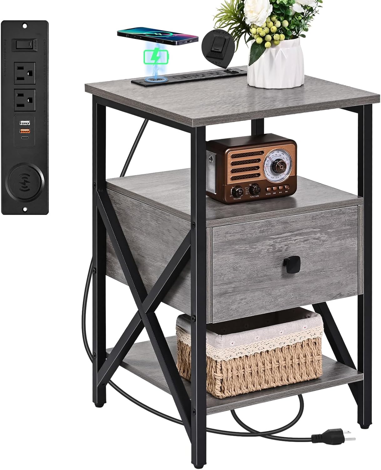 Side Tables with Wireless Charging Station, Grey End Tables Living Room with Charging, Side Tables with Wood Drawer, Night Stands with Storage for Bedroom, Bedside Tables, Living Room