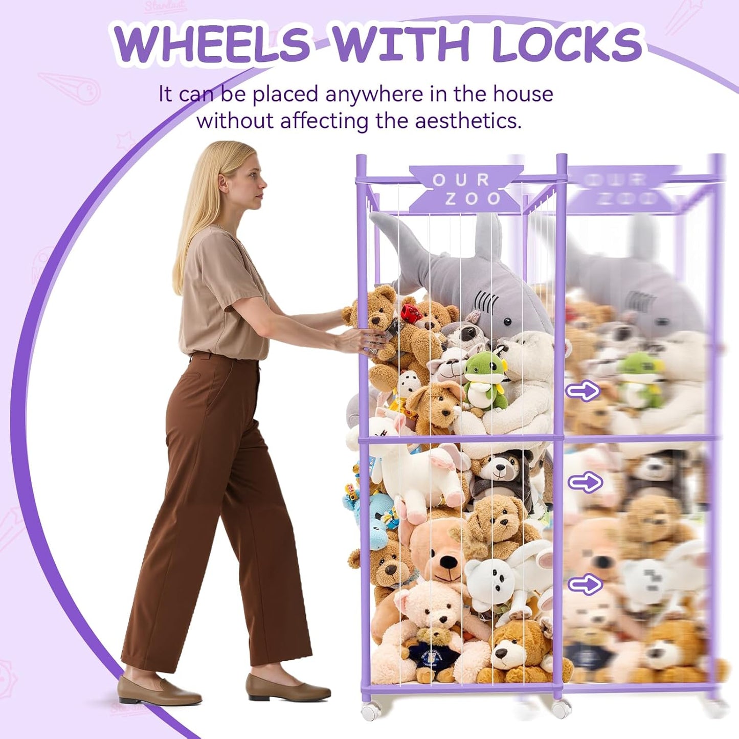 Stuffed Animal Storage Zoo with Wheels, Wooden Large Stuff Animals Plushies Holder Toy Organizer Kids Plush Storage Cage with Elastic Band and Net for Nursery Playroom Corner for Toddler (Purple)