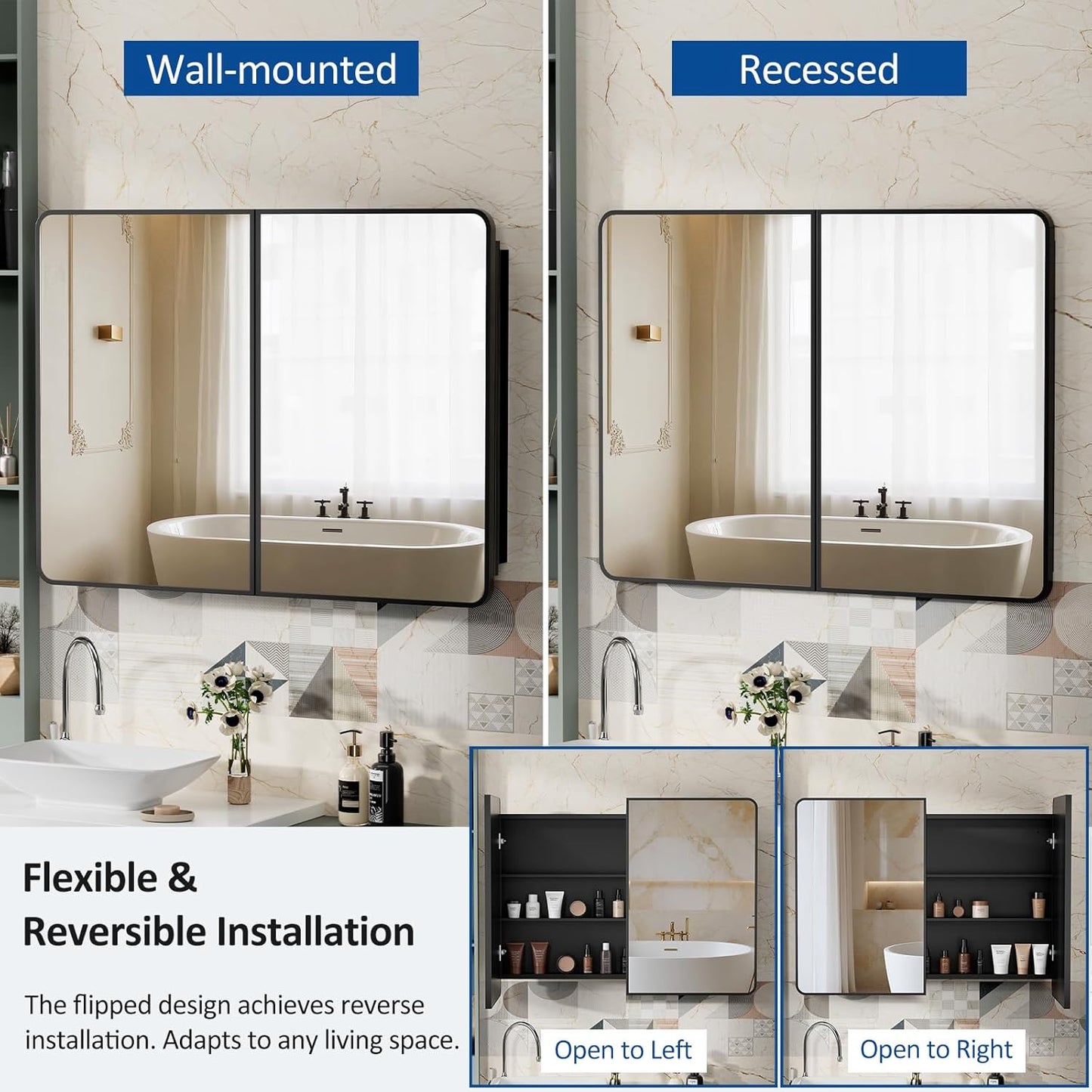 40x30 Inch Black Medicine Cabinet Mirror Metal Framed Recessed Bathroom Medicine Cabinets with Mirror and Storage Wall Mounted