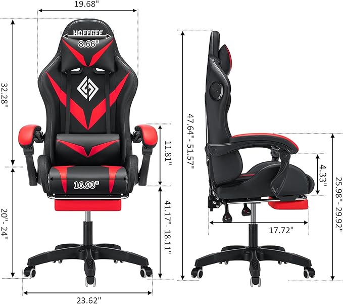 HOFFREE RGB Gaming Chair with Speakers and Massage Ergonomic Computer Chair with Lights and Footrest Reclining Video Game Chairs for Adults Red and Black