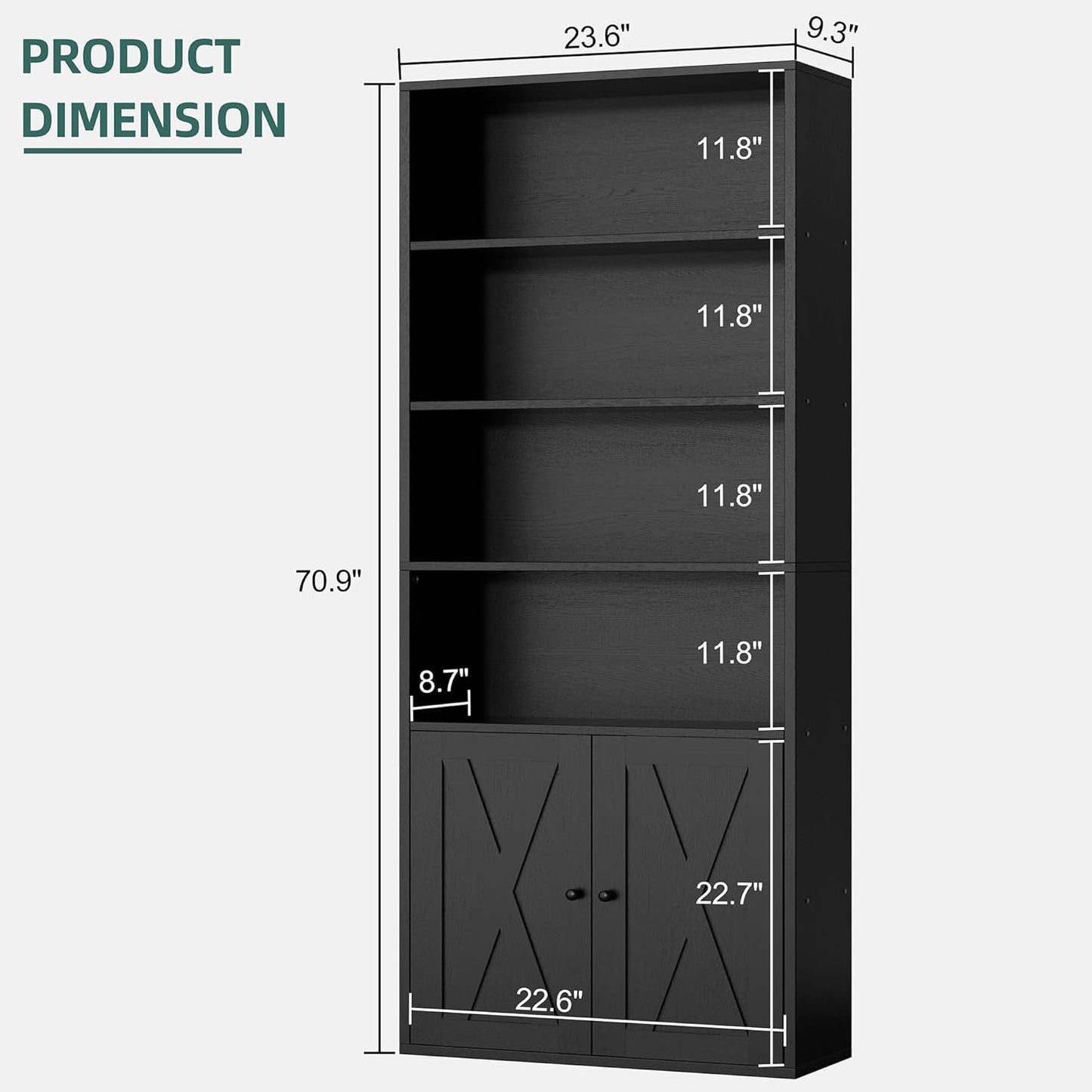 Shintenchi Bookshelf, Industrial Bookshelves and Bookcases with Doors Floor Standing 6 Shelf Display Storage Shelves 70.6 inches Tall Bookcase for Home Office, Living Room (Black)