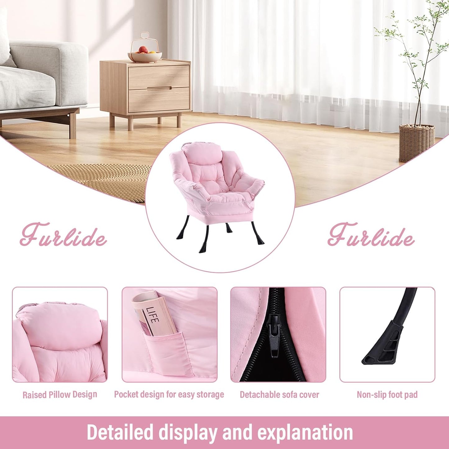 Lazy Chair with Ottoman, Modern Chair with Folding Footrest, Lounge Accent Chair, Comfortable Reading Chair, Oversized Armchairs for Bedroom, Study, Living Room, Courtyard (Pink