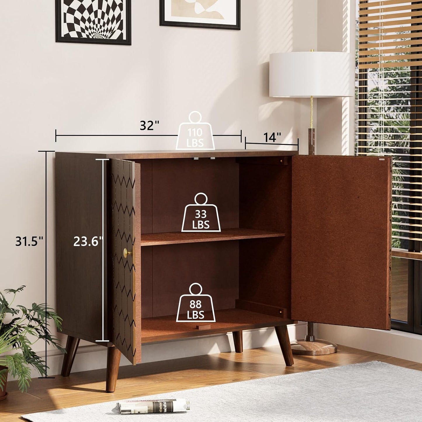 COSIEST 32" Storage Sideboard with Doors, Adjustable Shelf, Decorative Modern Accent Furniture for Living Room, Entryway, Kitchen (Brown, Honeycomb Pattern)