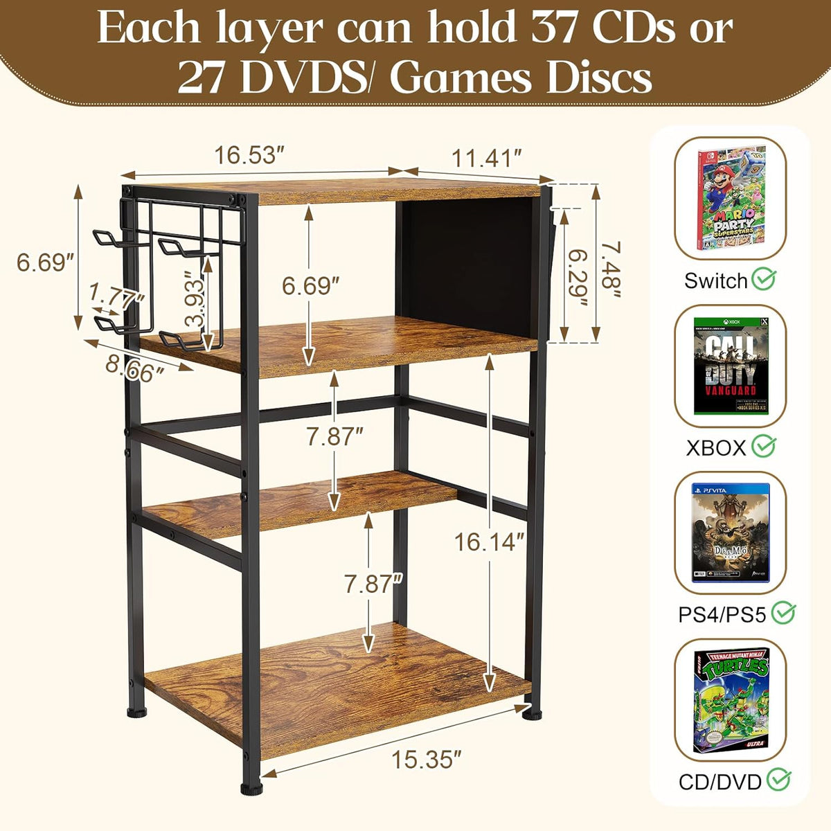 4-Tier AV Media Stand,Game Console Stand with 4 Hooks and Fabric Bags,DVD Shelf,Media Storage Cabinet,Audio Rack Record Player Stand Small Entertainment Center for Home Dorm, Apartment