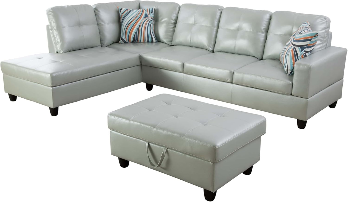 NicBex Sectional Couch 3 Pieces Sofa Set with Right Chaise PU Synthetic Leather L Shaped Cloud Couch for Living Room Furniture Sets with Storage Ottoman, Modular Sofa for Apartment, Silver Green