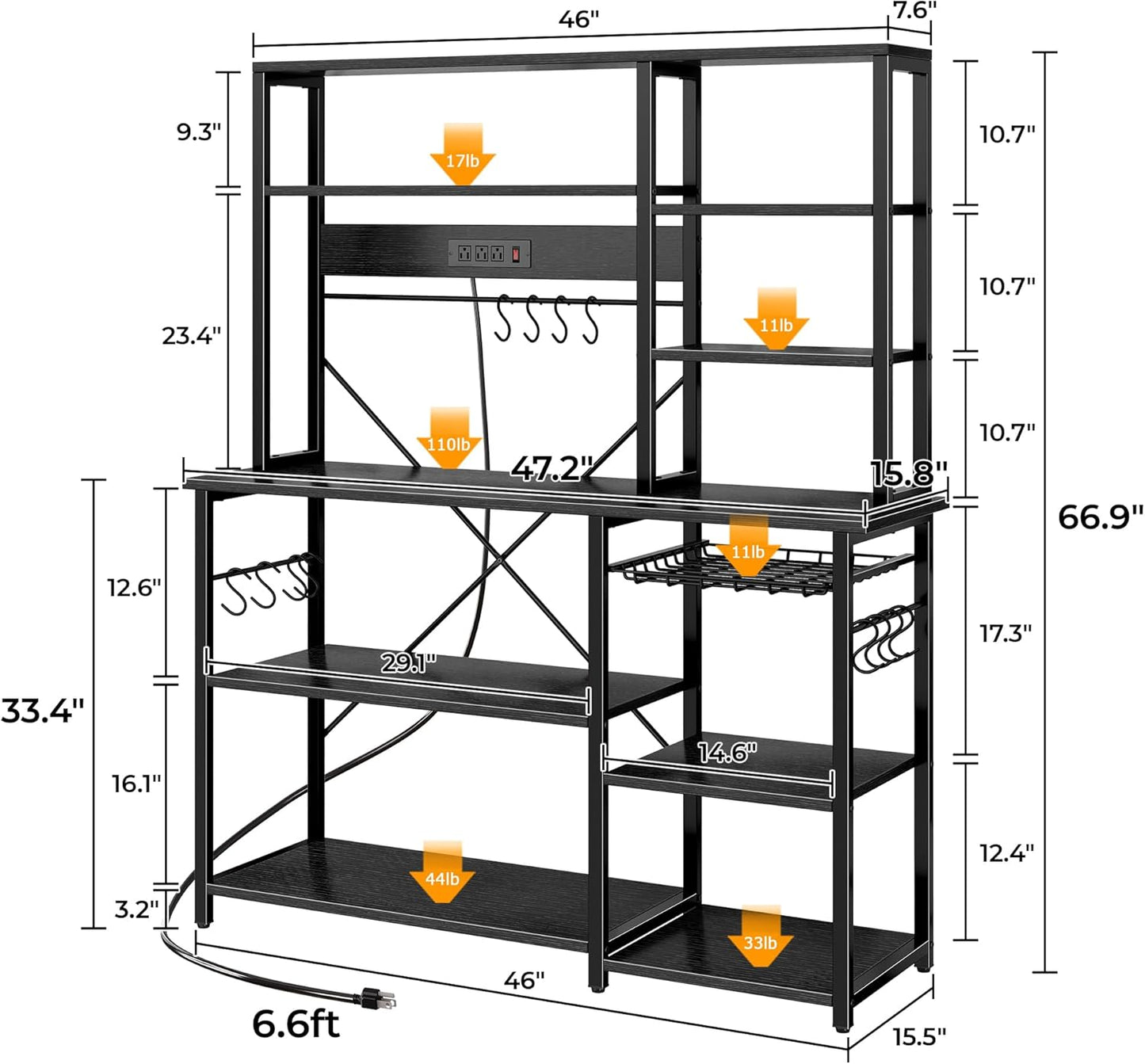 SUPERJARE Larger Bakers Rack with Power Outlets, 6-Tier Microwave Stand, Coffee Bar with 12 S-Shaped Hooks, Kitchen Shelf with Wire Basket, 47.2 x 15.5x 66.9 Inches, Black