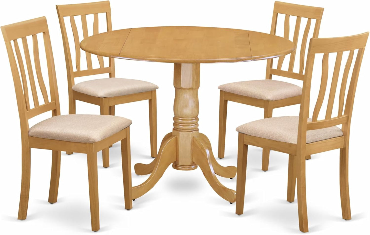 East West Furniture DLAN5-OAK-C 5 Piece Kitchen Table Set for 4 Includes a Round Dining Room Table with Dropleaf and 4 Linen Fabric Upholstered Dining Chairs, 42x42 Inch, Oak