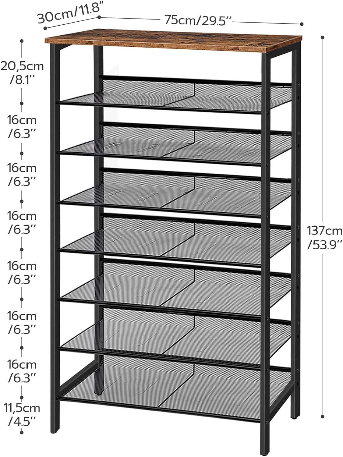 HOOBRO 8-Tier Shoe Rack, 29.5"L Shoe Shelf, Large Capacity Shoe Storage Organizer for 21-24 Pairs of Shoes, Front Door Entrance, Entryway, Hallway, Closet, Space Saver, Rustic Brown and Black BF18XJ01