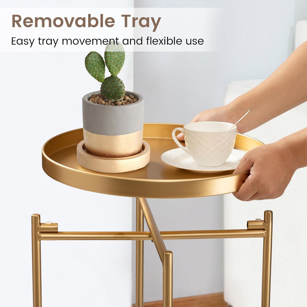 danpinera 2-Tier End Table, Outdoor Side Table Metal Round Side Table with Removable Tray, Small Folding Accent Table, Anti-Rust Nightstand for Bedroom Balcony Patio Living Room (Gold)