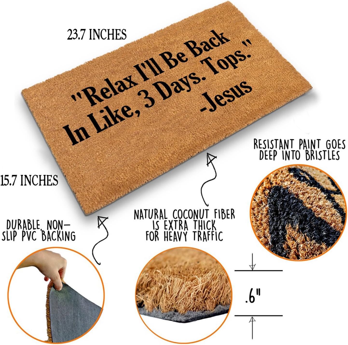 Funny Coir Doormat Relax I'll Be Back in Like Three Days Tops Front Door Mats Entryway Outdoor Mat with Heavy Duty Front Porch Welcome Mats Entry Coir Brown House Warming Gift Mat 23.7 x 15.7 inch