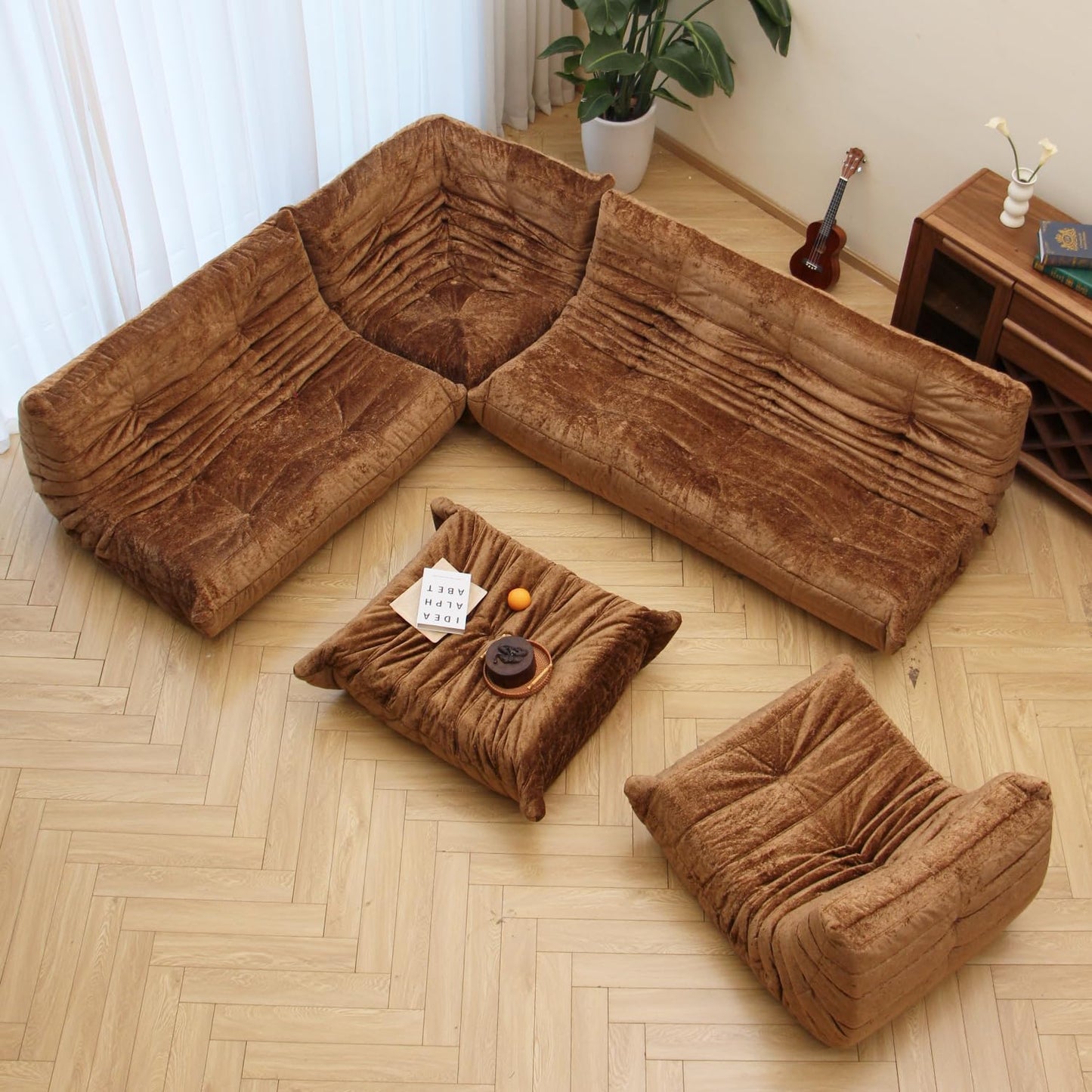 N&V Fireside Chair, Mid Century Armless Floor Sofa, Soft Premium Chenille Floor Lounge Chair, Foam Sofa Accent Chair for Living Room Bedroom and Office (Brown, Three Seater)