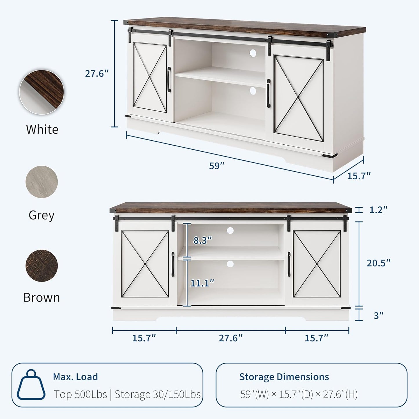 GarveeHome Farmhouse TV Stand for TV up to 65 Inches and Entertainment Center with Sliding Barn Doors, Tv Media Console Table with Storage Cabinet for Living Room, Bedroom, White & Brown