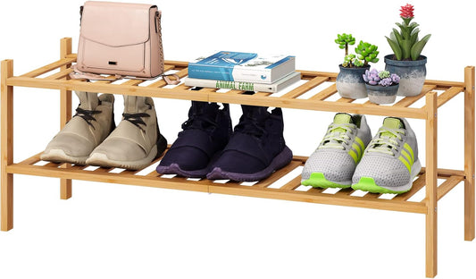 2-Tier Long Shoe Rack for Entryway, Black Bamboo Wood Shoe Rack for Closet & Hallway, Long 33IN | Beautiful | Functional | Sturdy | Durable