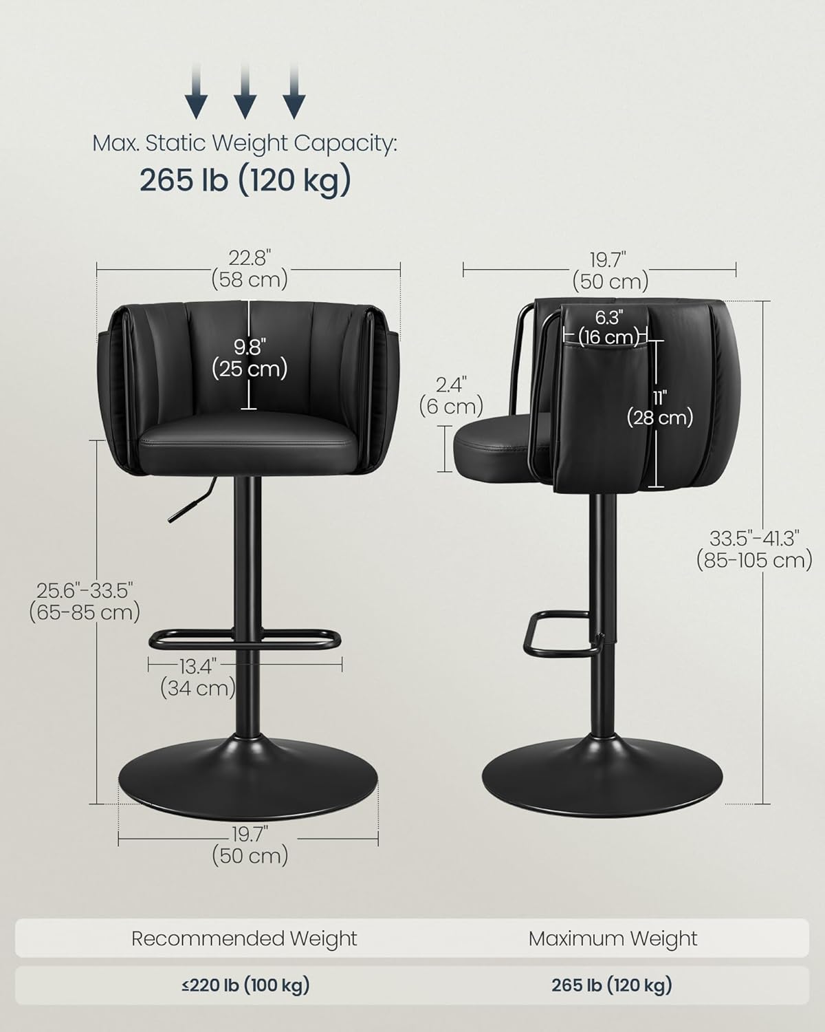 SONGMICS Home 360° Swivel Bar Stools Set of 2, Height Adjustable Barstools with Curved Back, Upholstered Counter Bar Stools with Footrest, Large Base, for Kitchen Island, Modern, Ink Black ULJB103B01