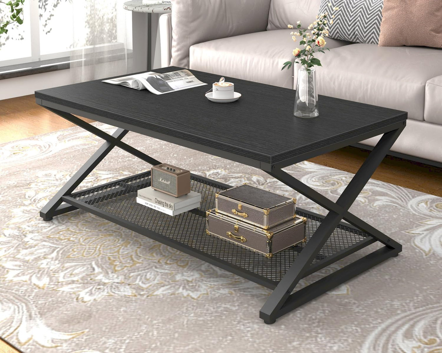 LVB Black Coffee Table, Metal Wood 2 Tier Center Tables with Storage Shelf, Modern Rectangular Cocktail Tea Table for Living Room, Wooden Middle Concrete Table for Office Bedroom, 39 inch, Black Oak