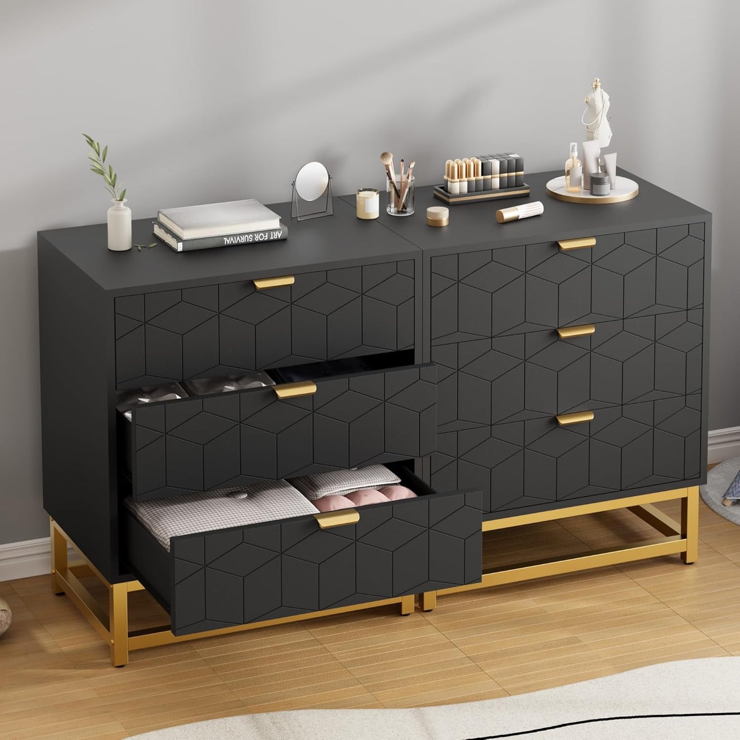 GAOMON 3 Drawer Dresser, Wood Chest Drawers with Storage for Closet, Bedroom, Drawers Dresser Modern Bedside Nightstand with Gold Handles, Black