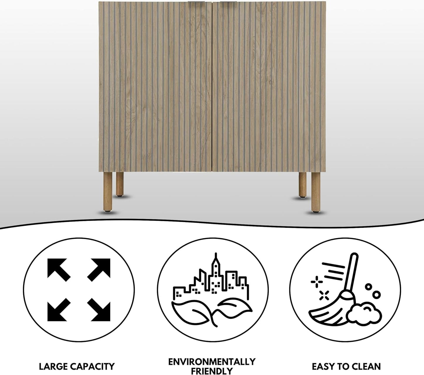 Sango Merk 2-Door Cabinet, Modern Brown Storage Cabinet with Vertical Groove Doors, Adjustable Shelf, Cylindrical Wood Legs, Discreet Metal Finger Pulls, Stylish Furniture for Living or Dining Room