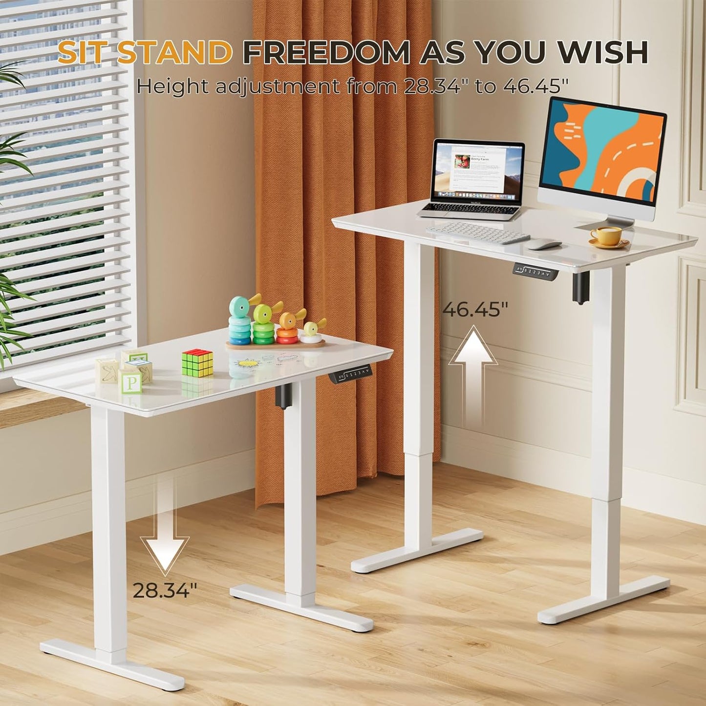 JOY worker Small Glass Standing Desk, 35" x 20" Electric Whole Piece Height Adjustable Desk with 4 Lockable Casters, Mobile White Sit to Stand Workstation for Home Office