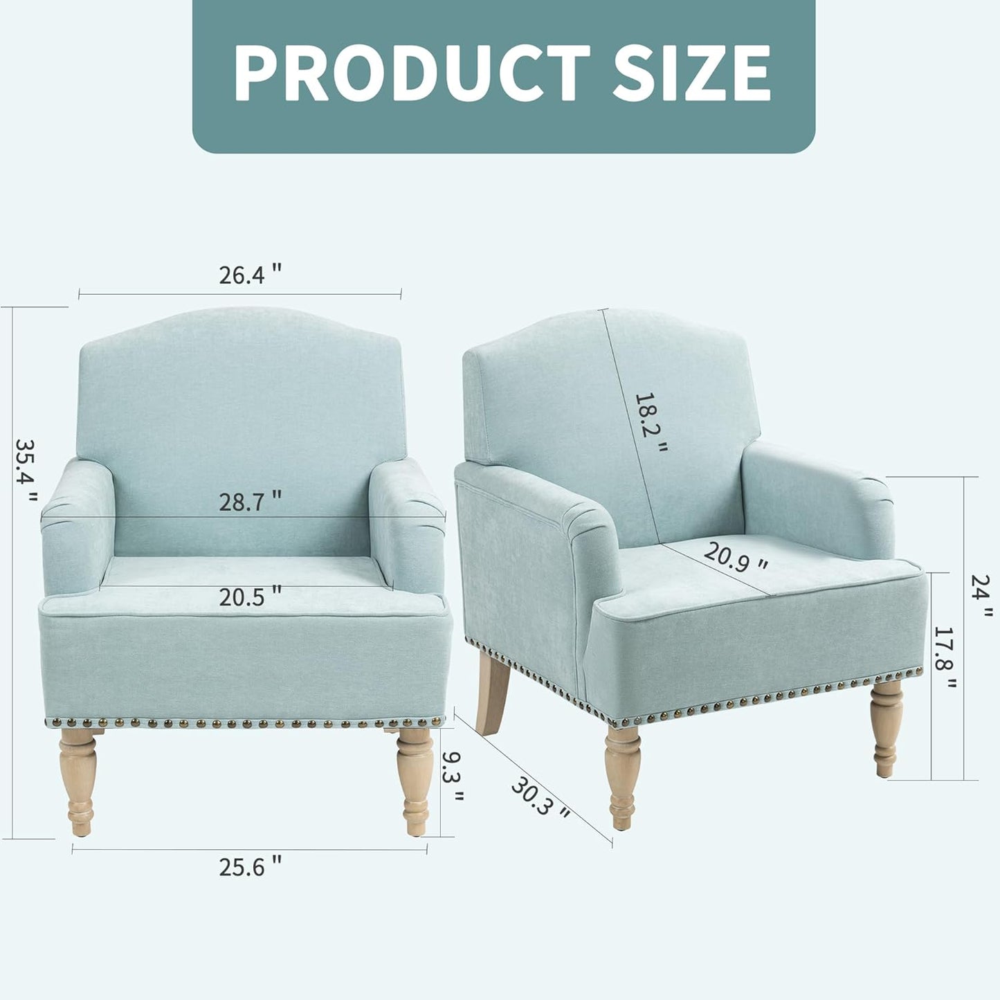 Ball & Cast Modern Accent Chair with Retro Wooden Legs & Nailhead Trim,Small Fabric Club Chair,Comfy Upholstered Armchair Lounge Seat for Bedroom Living Room Single Sofa, Sage