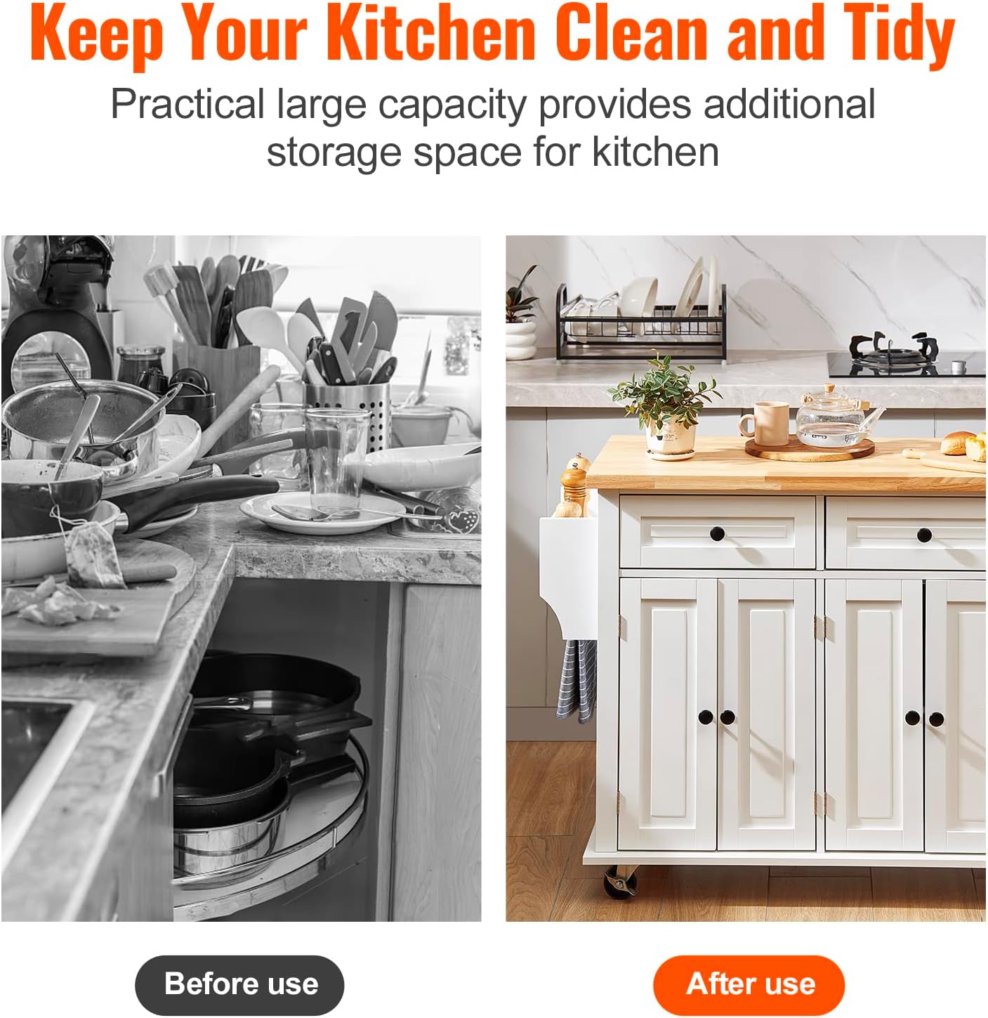 VEVOR Kitchen Island Cart with Solid Wood Top, 35.4" Width Mobile Carts with Storage Cabinet, Rolling Kitchen Table with Spice Rack, Towel Rack, and Drawer, Portable Islands on Wheels, White