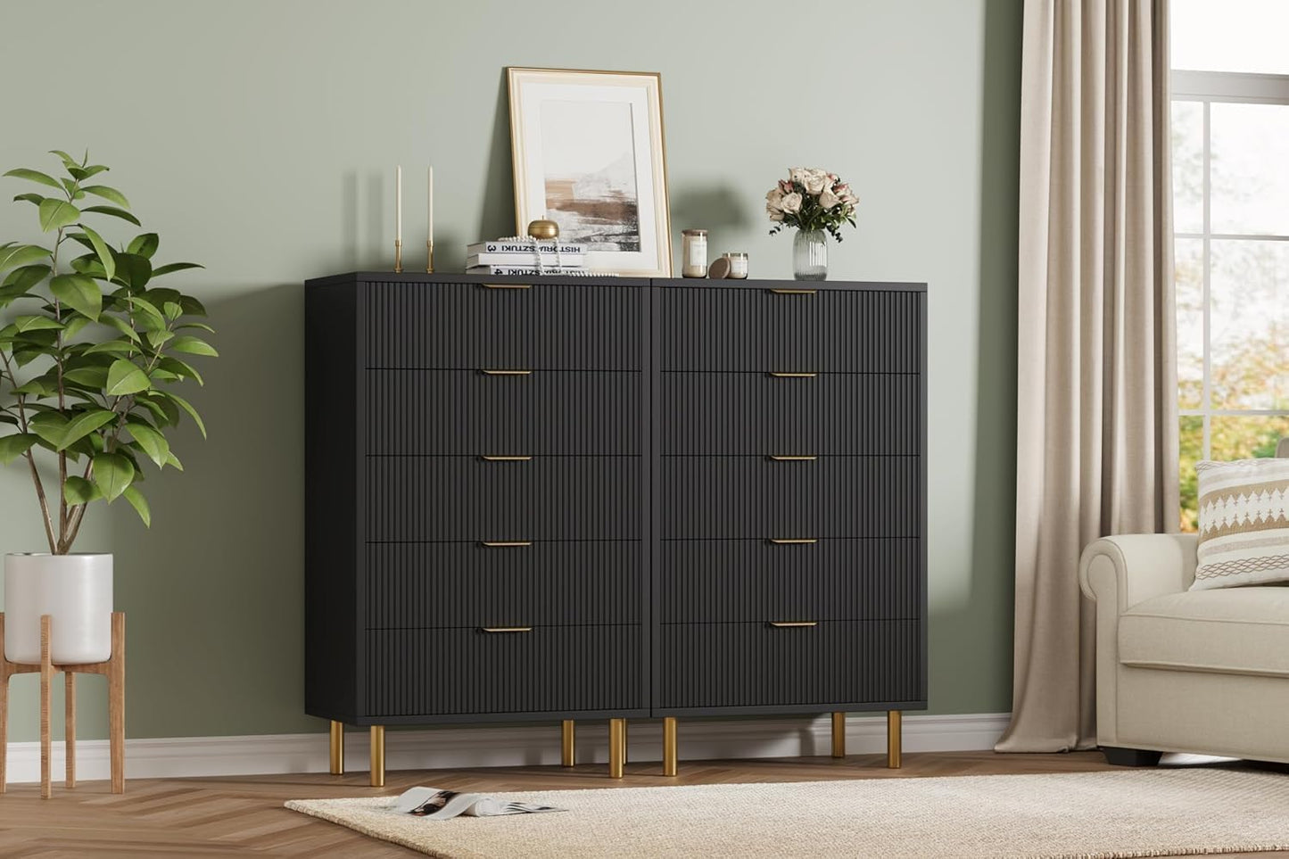 GarveeHome Black Dresser, Modern 5 Drawer Dresser for Bedroom with Gold Handle and Large Drawer, Wood Double Chest of Drawers and Storage Organizer for Living Room, Hallway, Entryway