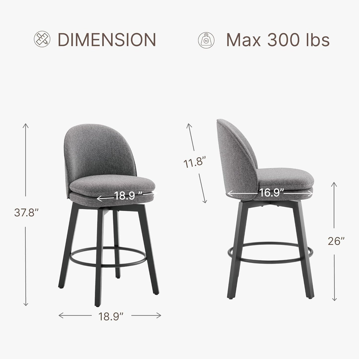 Counter Height Barstools 26 inch Upholstered Swivel Bar Stools with Back and Wood Legs for Kitchen Island,Set of 2,Dark Grey Fabric-Armless