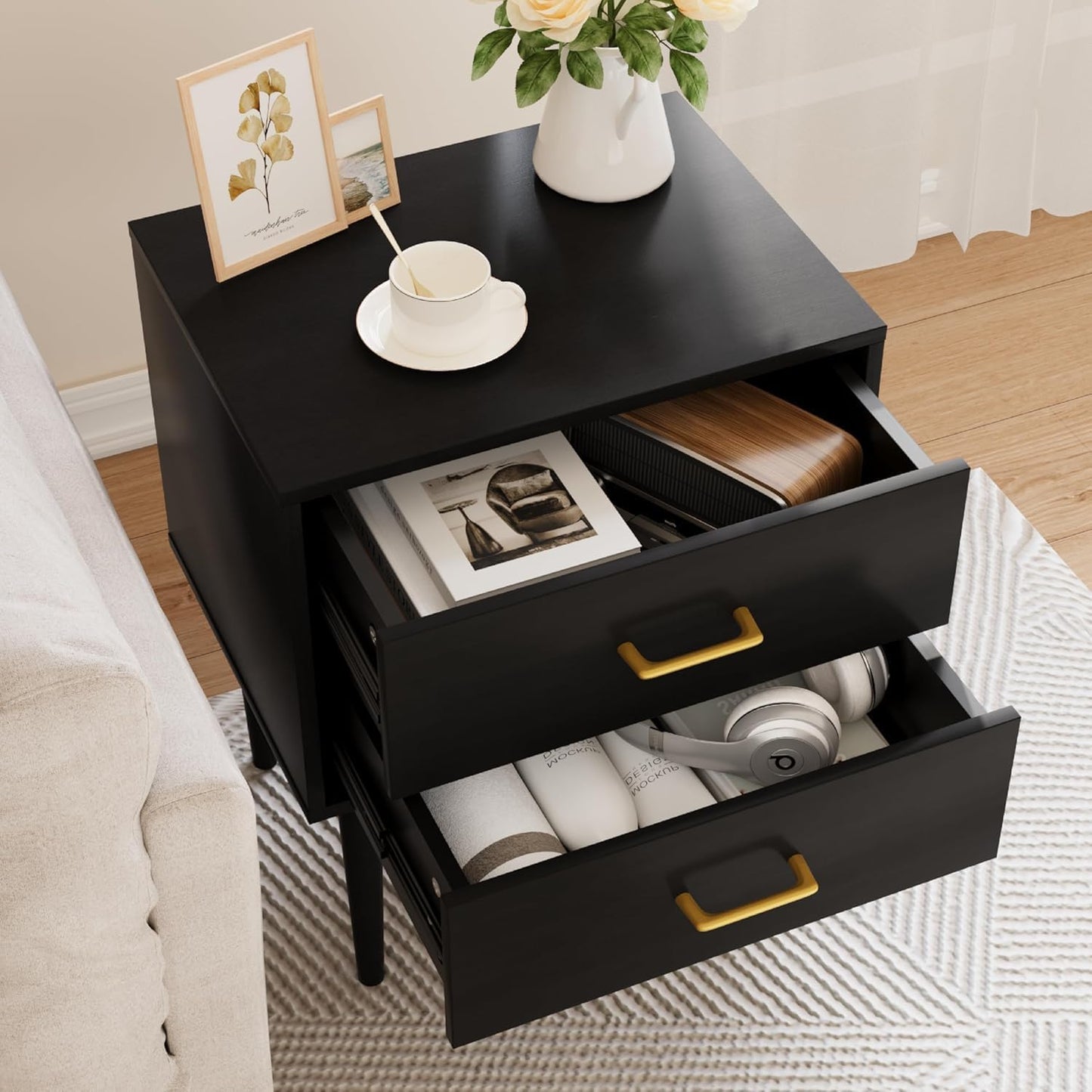 Black Nightstand with 2 Drawers,Tall Modern Night Stand Black, Wooden Night Stands for Bedroom, Bed Side Table, End Table, Gold Handle