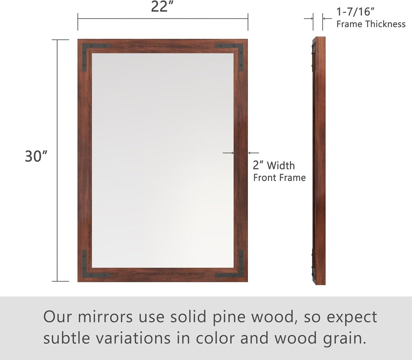 VocalStar Rustic Wood Framed Mirror 22 x 30 Inch, Natural Dark Brown Wooden Rectangle Bathroom Vanity Wall Mirror for Farmhouse Boho Decor, 1/4-inch Shatterproof Glass | Waterproof