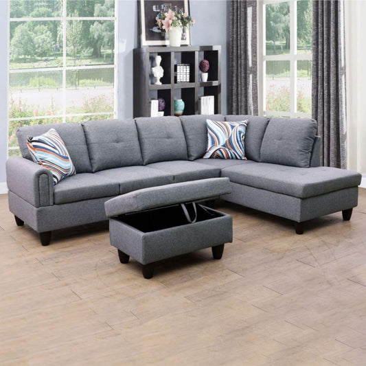 Grey-1 L-Shaped 3-Piece Linen Sofa with Storage Ottoman Set, Sectional Couch Sofa Set for Living Room, Office, Small Space