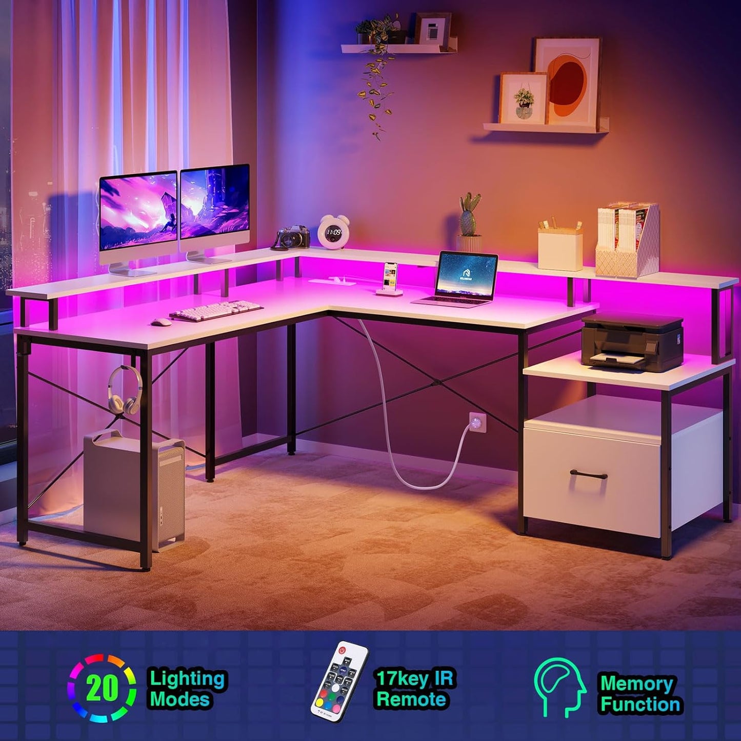 Rolanstar Computer Desk with File Drawer, 64" L Shaped Desk with Power Outlet & LED Strip, L Shaped Computer Corner Desk with File Cabinet, Gaming Desk with Monitor Shelf, Home Office Desk, White