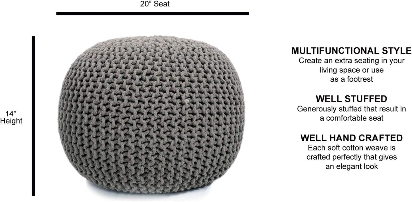 FRELISH DECOR Round Pouf Ottoman Hand Knitted 100% Cotton Pouf - Foot Stool - Knitted Bean Bag - Floor Chair for Living Room Bedroom - Foot Rest for Couch (20 Diameter x 14 Height) - Beige