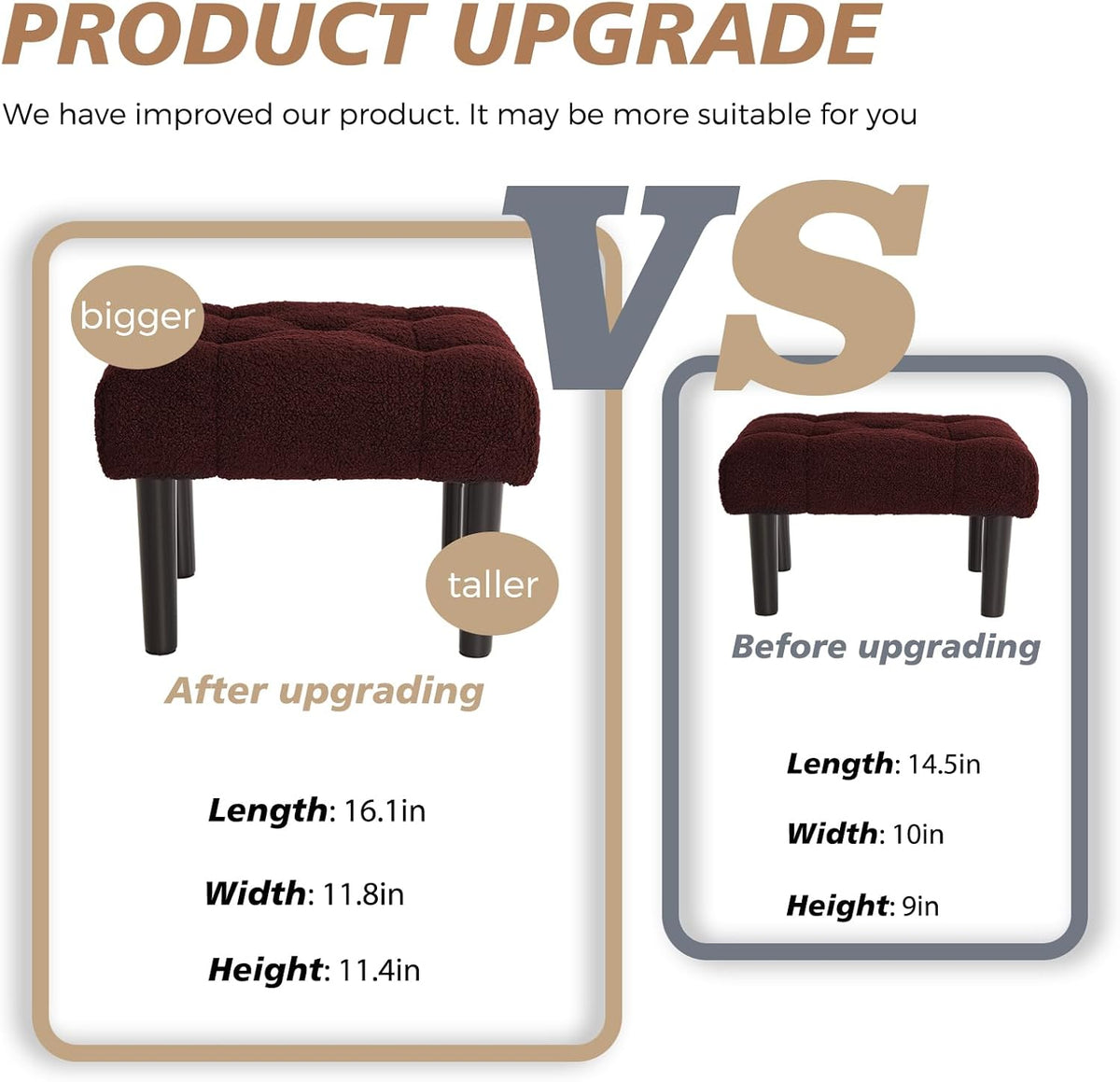 HOUCHICS Fur Padded Foot Stool, Small Ottoman Foot Rest with Wooden Legs,Modern Rectangle Chair Foot Rest Foot Step Stool for Living Room, Couch, Desk（Wine Red