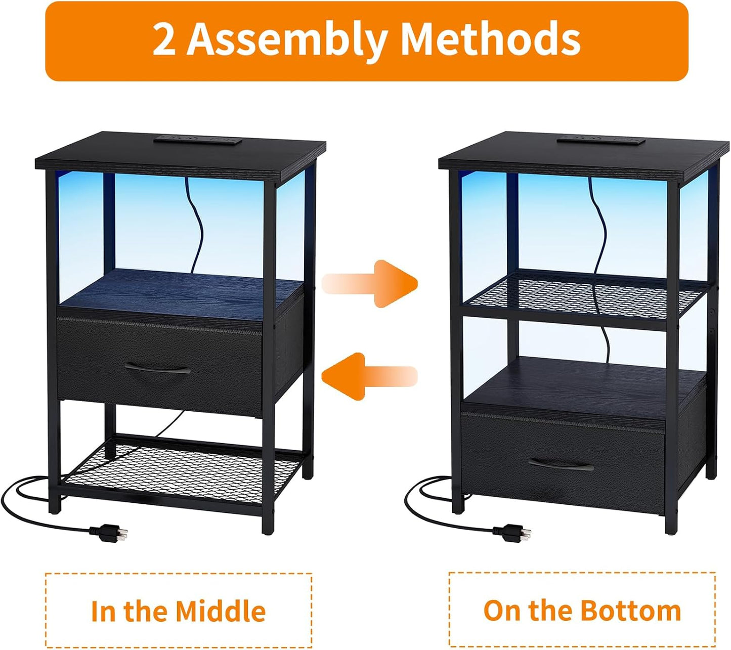 Fixwal Night Stand Set of 2 with Charging Station, LED Nightstand with Fabric Drawers, End Table with PU Finish, Bed Side Table, Black