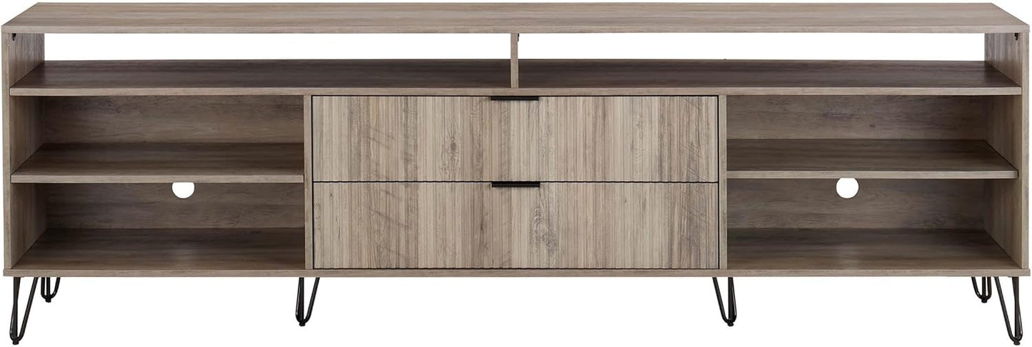 Manhattan Comfort Dumbo Mid Century Modern TV Stand for Televisions up to 80 Inches, Home Entertainment Center with Storage, 6 Shelves, 2 Drawers, No Tool Assembly, 85" Wide, Rustic Grey