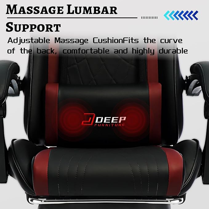 Ergonomic Gaming Chair with Footrest and Lumbar Massage, Racing Office Chair, High Back Computer Desk Chair with Headrest Pillow for Adults, Video Game Chair for PC Gamer (1001-Red)