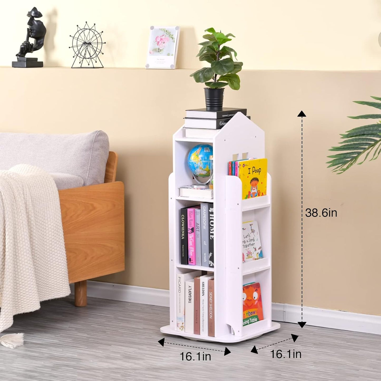 Rotating Bookshelf, 360 Display 3 Tier Floor Standing Bookcase Storage Rack, Kids Book Shelf Organizer, Small Corner Bookshelf for Small Space, for Bedroom, Living Room, White