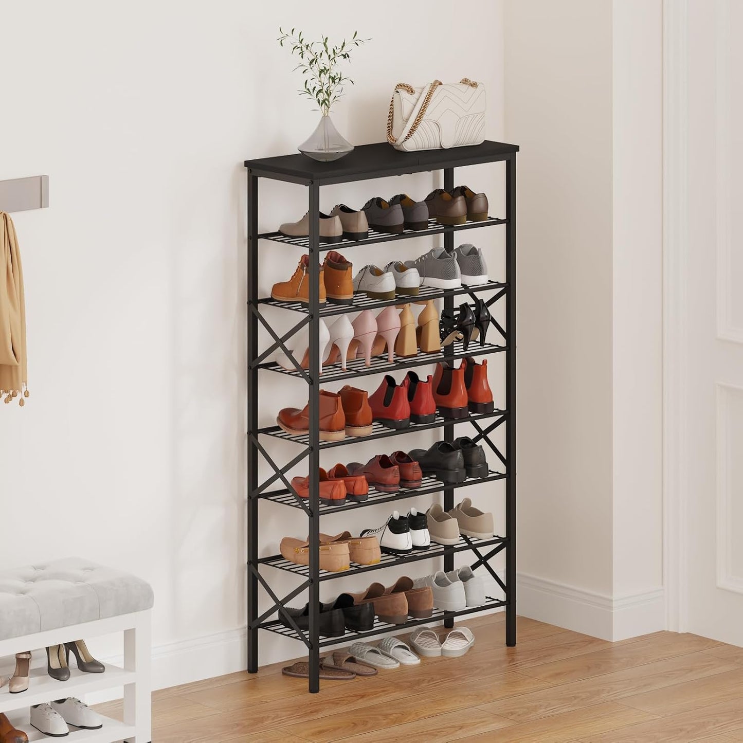 8 Tier Shoe Rack, Large Capacity Shoe Storage Organizer Holds 32 Pairs, Sturdy and Stable, for Entryway, Hallway, Closet, Dorm Room, Black SS08BB