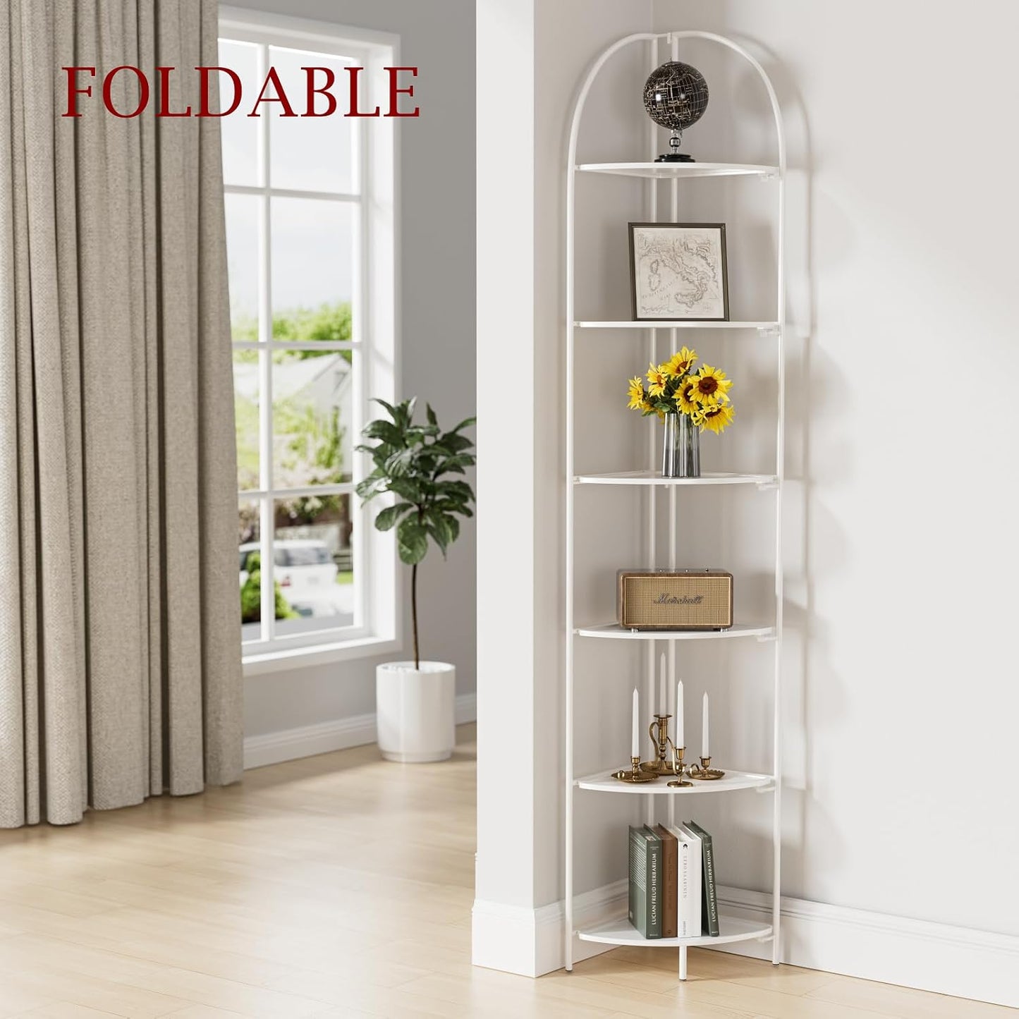 Crofy Foldable 6 Tier Corner Shelf, Metal Corner Plant Stand with White Frame and White Shelves, Corner Display Rack Multipurpose Shelving Unit for Living Room, Bedroom, Bathroom