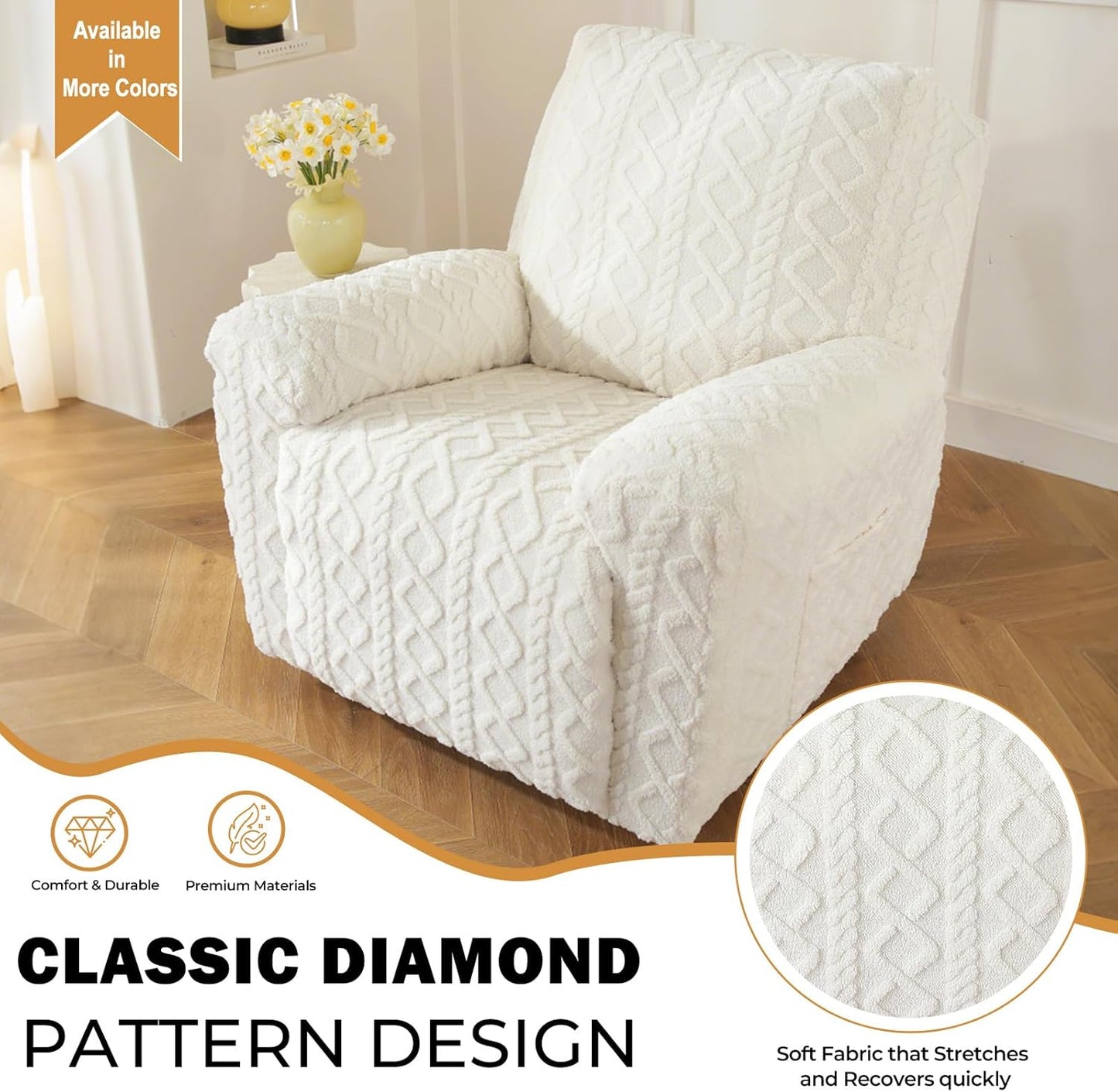 vctops 4 Pieces Geometric Jacquard Plush Recliner Slipcovers Soft Fuzzy Fluffy Sofa Couch Cover Anti-Slip Furniture Protector with Elastic Bottom for Kids Cats Dogs(Cream,1 Seat)