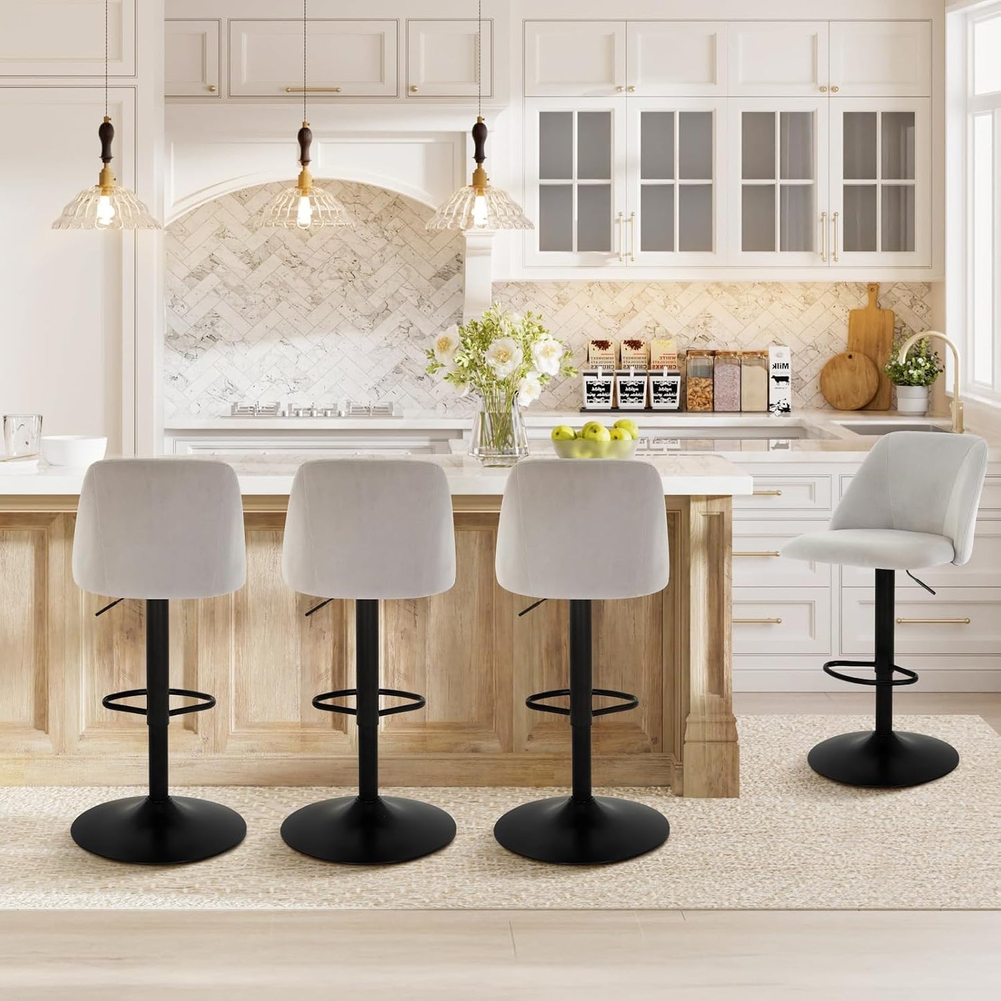 COLAMY Bar Stools Set of 2, Modern Swivel Bar Chairs, Adjustable Upholstered Barstools Counter Height with Full Backrest for Bar, Dining Room, Kitchen Island, Grey