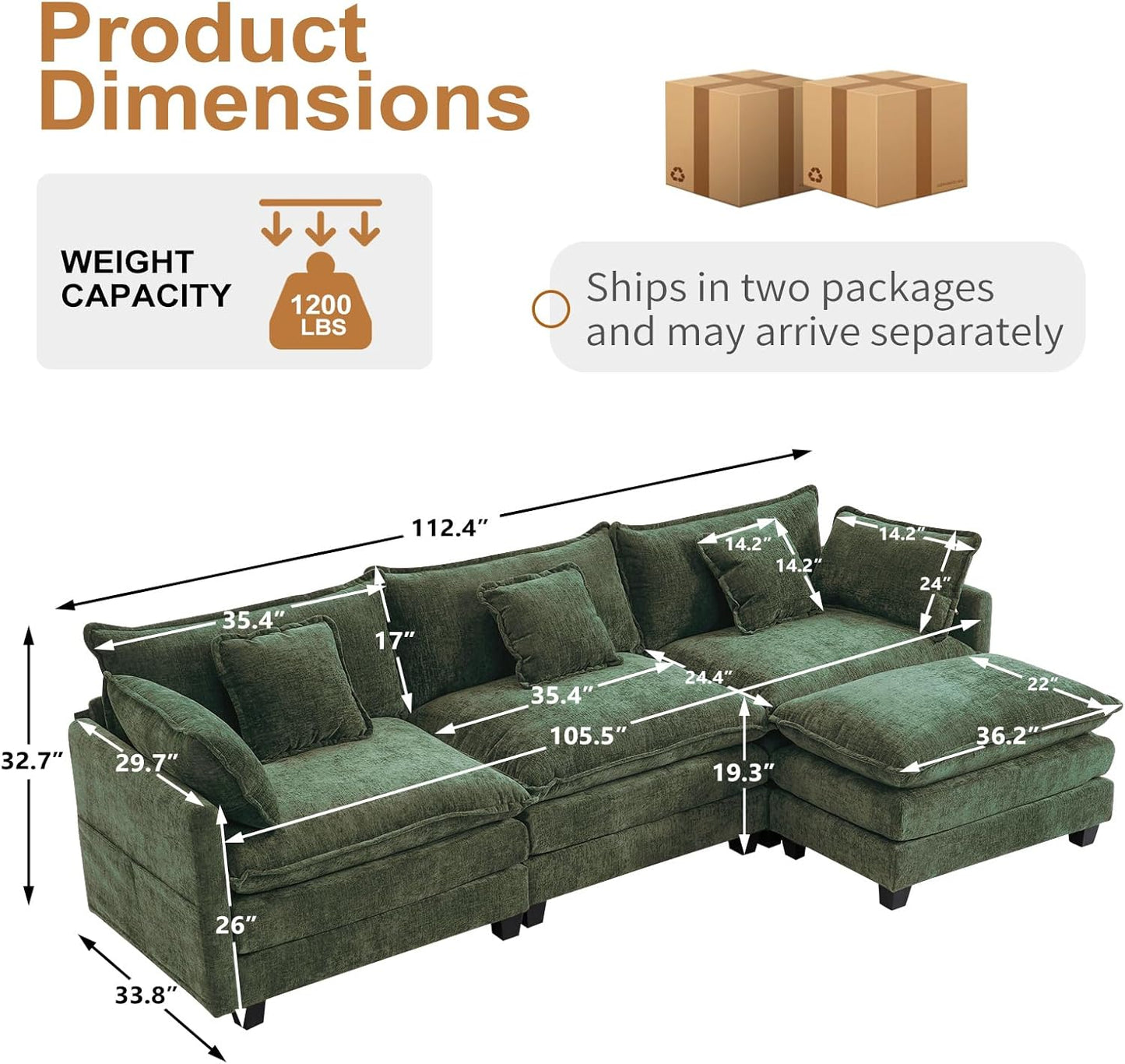 Furniliving 112‘’ L-Shaped Sofa, Luxury Chenille Modular Sectional Couches with Ottoman, Upholstered Deep Seat Sleeper Sofa with Memory Foam and Waist Pillows, Green
