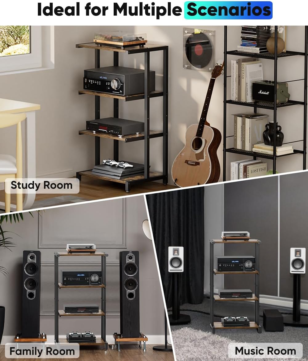 4-Tier Wooden Media Stand, AV Media Stand Corner Shelf for TV Accessories/Audiovisual Equipment/Optical Disc/PS4, Audio Storage Rack for Living Room, Gaming Room, Music Studio, Black