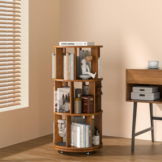 3 Tier Rotating Bookshelf Tower Spinning Bookshelf with Swivel Wheels Book Shelf Rotating Storage Tower for Kids Adult Narrow Walnut Solid Wood Revolving Bookcase Organizer for Bedroom Living Room