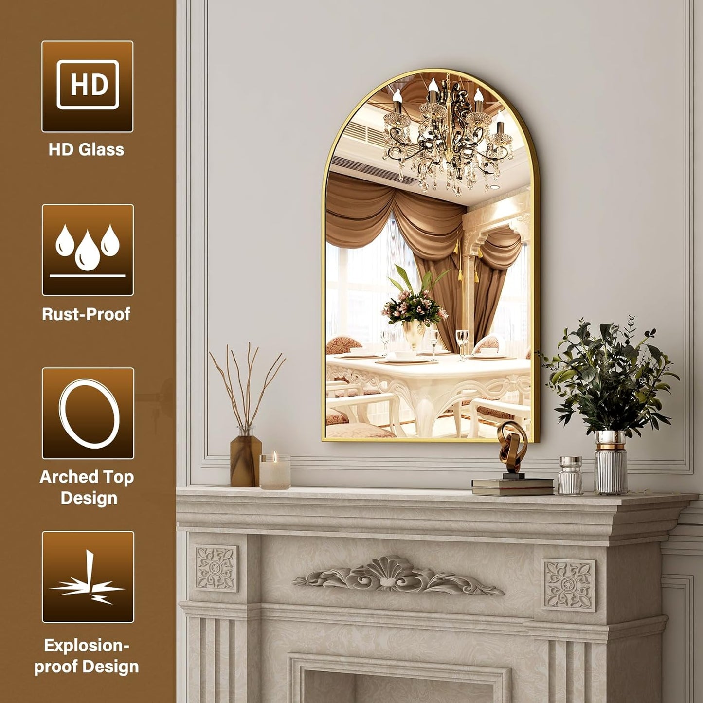 26"x38" Arched Wall Mirror for Bathroom, Gold Vanity Mirror for Bedroom, Living Room, Entryway, Decorative Hanging Mirror for Wall