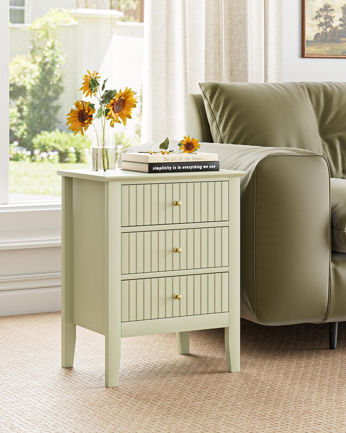 Fluted Nightstand, Farmhouse Night Stand with 3 Drawers, Mid Century Modern Side Accent Table,Bedside End Table for Bedroom, Living Room, Pale Green