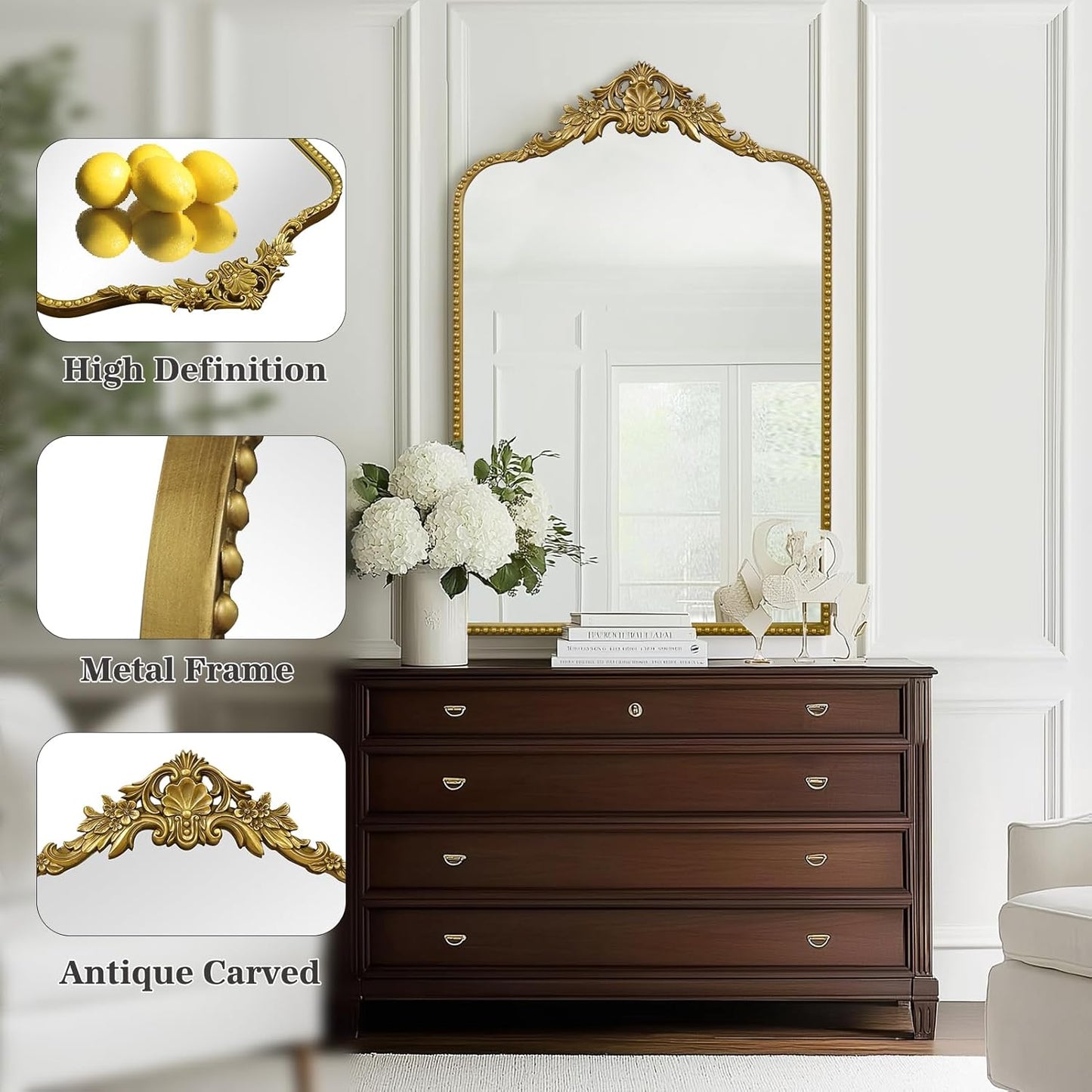 G-LEAF Vintage Baroque Mirror 24"X36",Arched Mantel Victorian Antique Farmhouse Mirror with Gold Ornate Metal Frame for Fireplace Entryway Living Room Hallway Bathroom