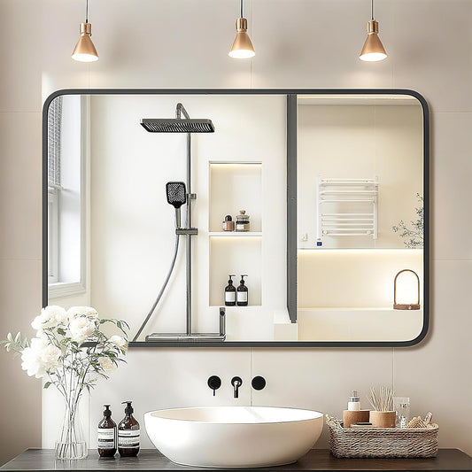 24"×36" Bathroom Mirror for Wall, Modern Bathroom Vanity Mirror, Black Bathroom Mirrors for Over Sink with Metal Framed HD Tempered Glass Hangs Horizontally or Vertically