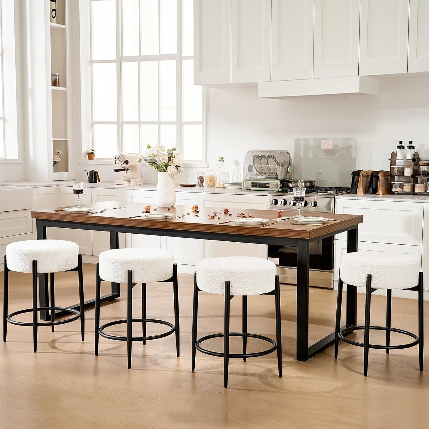 Modern Dining Chairs Set of 4, 23.6" White Round Backless Boucle Sherpa Upholstered Dining Chair with Solid Metal Legs for Kitchen, Living Room