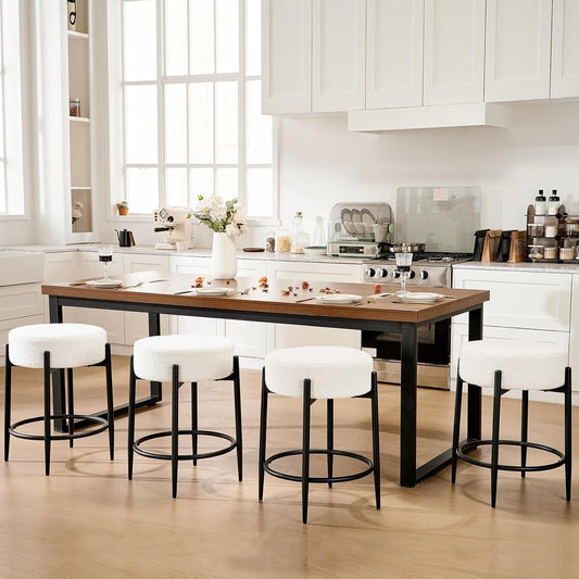 Modern Dining Chairs Set of 4, 23.6" White Round Backless Boucle Sherpa Upholstered Dining Chair with Solid Metal Legs for Kitchen, Living Room